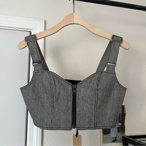 NWT KSUBI grey black and white houndstooth linen cotton zip up‎ corset bustier